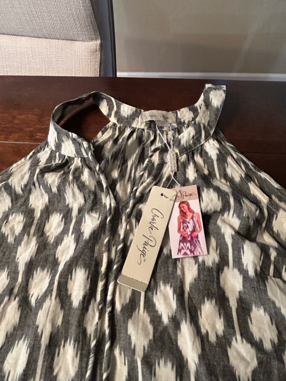 Charlie Paige Ikat Halter-Style Sleeveless Top in Gray and Cream